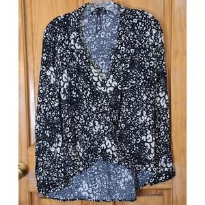 ZARA TRF Collection Shirt Women's XL Black Cream Spotted Rolled Faux Wrap Blouse